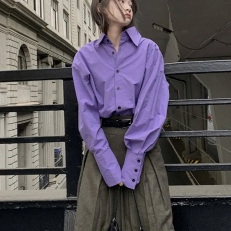 QWEEK Korean Style Purple Shirt Chic Casual Youth Harajuku Women Blouses Loose Solid Color Long Sleeve Button Up Clothes Autumn