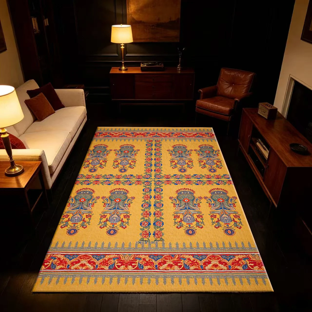 Vintage Yellow Vase Floral Print Carpet Oriental Traditional Art Carpet Home Living Room Decorative Floor Carpet