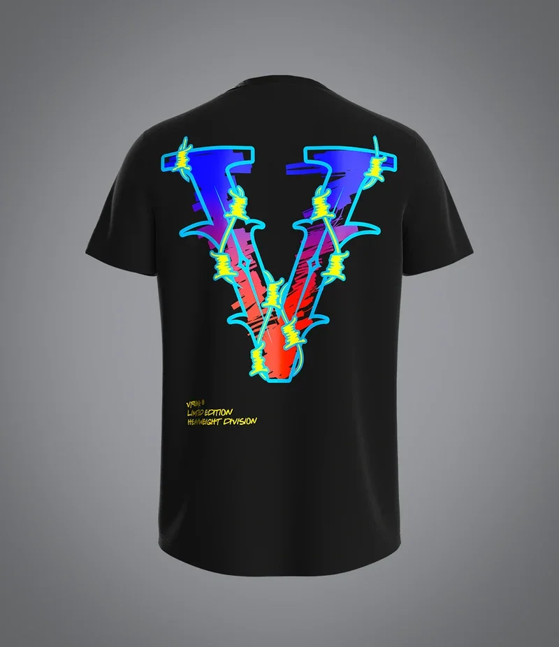 Vice City VRUNK Black T-shirt, Neon Gradient Thorn V Print, Heavy Cotton Loose Street Top For Urban Daily Matching