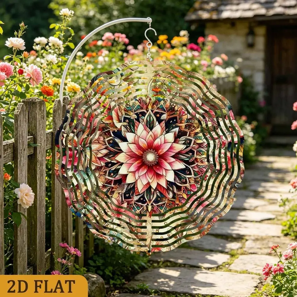 3D Dynamic Lotus Mandala Wind Spinner - 12 Inch Colorful Metal Art for Garden Patio Lawn Outdoor Decor Gift