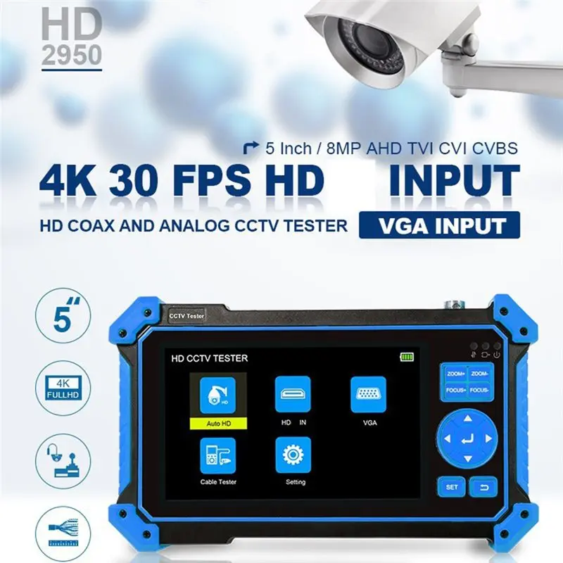 HD-2950 CCTV Camera Tester 8MP 5 Inch -Compatible VGA Input Video Cable Security Camera Tester For CCTV Systems-A86G