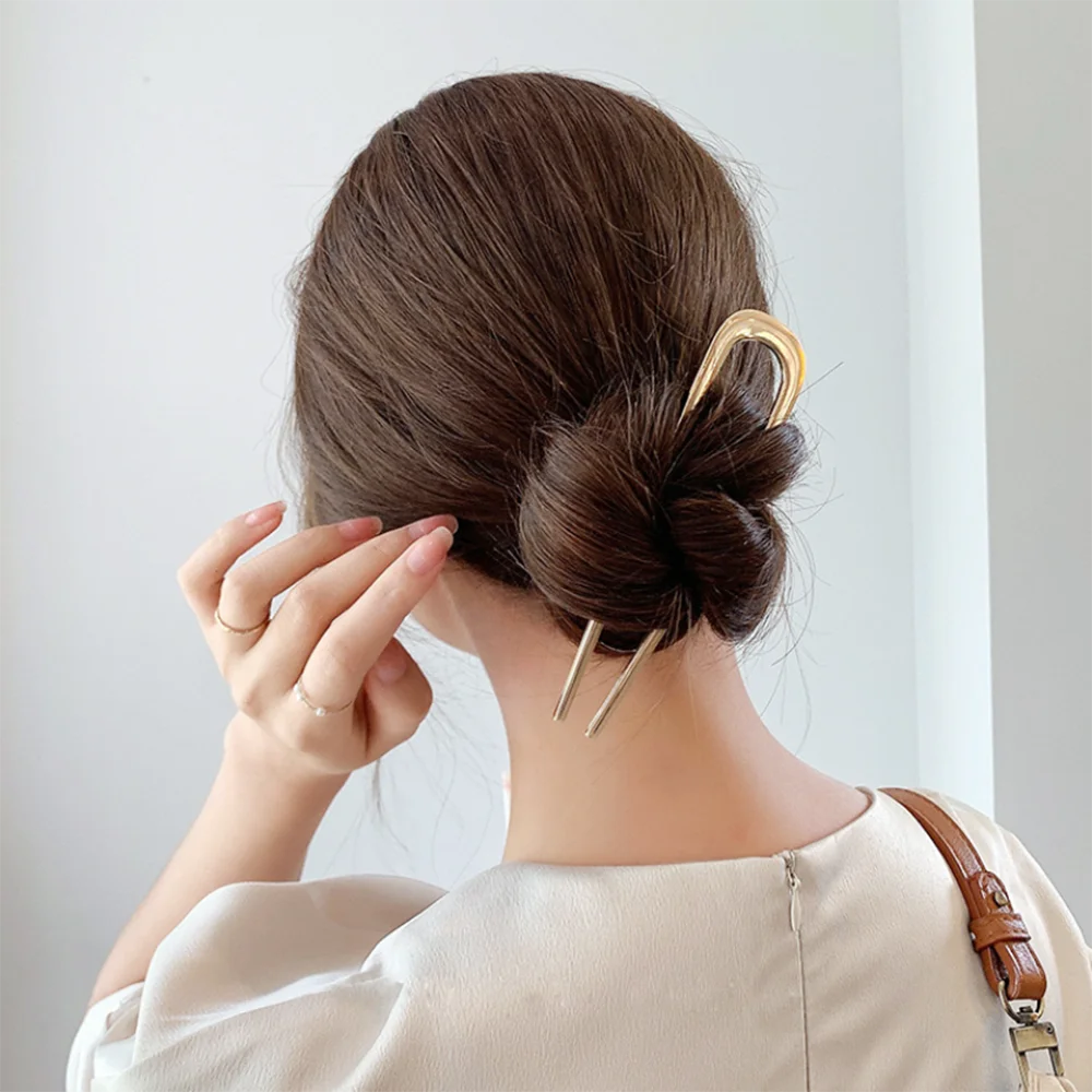 U-Shaped Hair Fork Elegant Gold Color Alloy Long Thick Hair Updo Bun French Hairpin Stick Women Girls Hair Jewelry Accessories