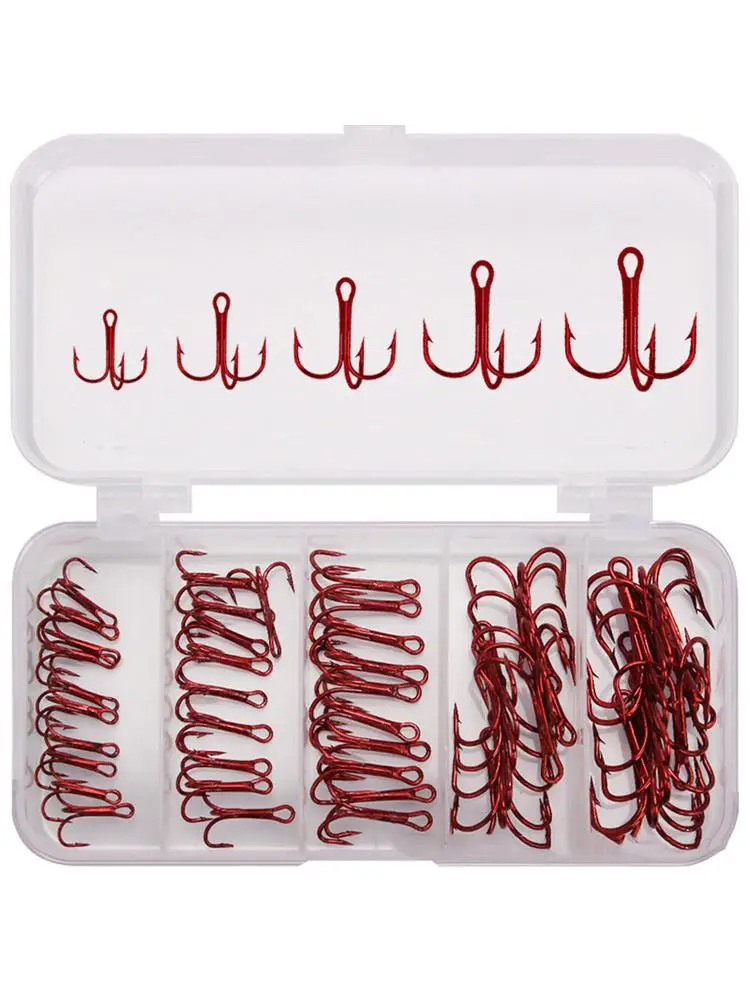 Boîte de 50 hameçons de pêche triples en acier à haute teneur en carbone 2 # 4 # 6 # 8 # 10 # Ensemble d'hameçons triples pliés, hameçons d'ancrage rouges pour la pêche en mer