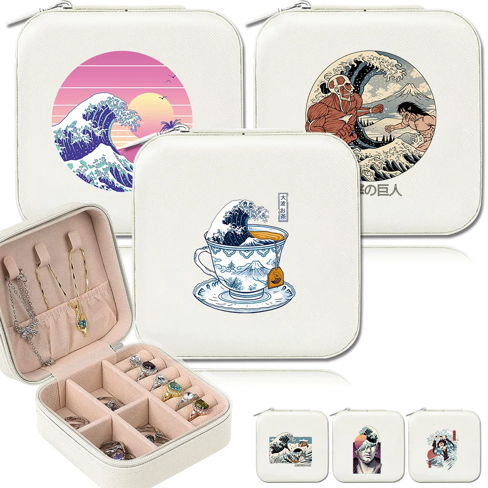 

Travel Necklace Ring Storage Box Portable Jewelry Organizer Display New Zippered Wave Pattern Series Women's Simplicity JewelBox