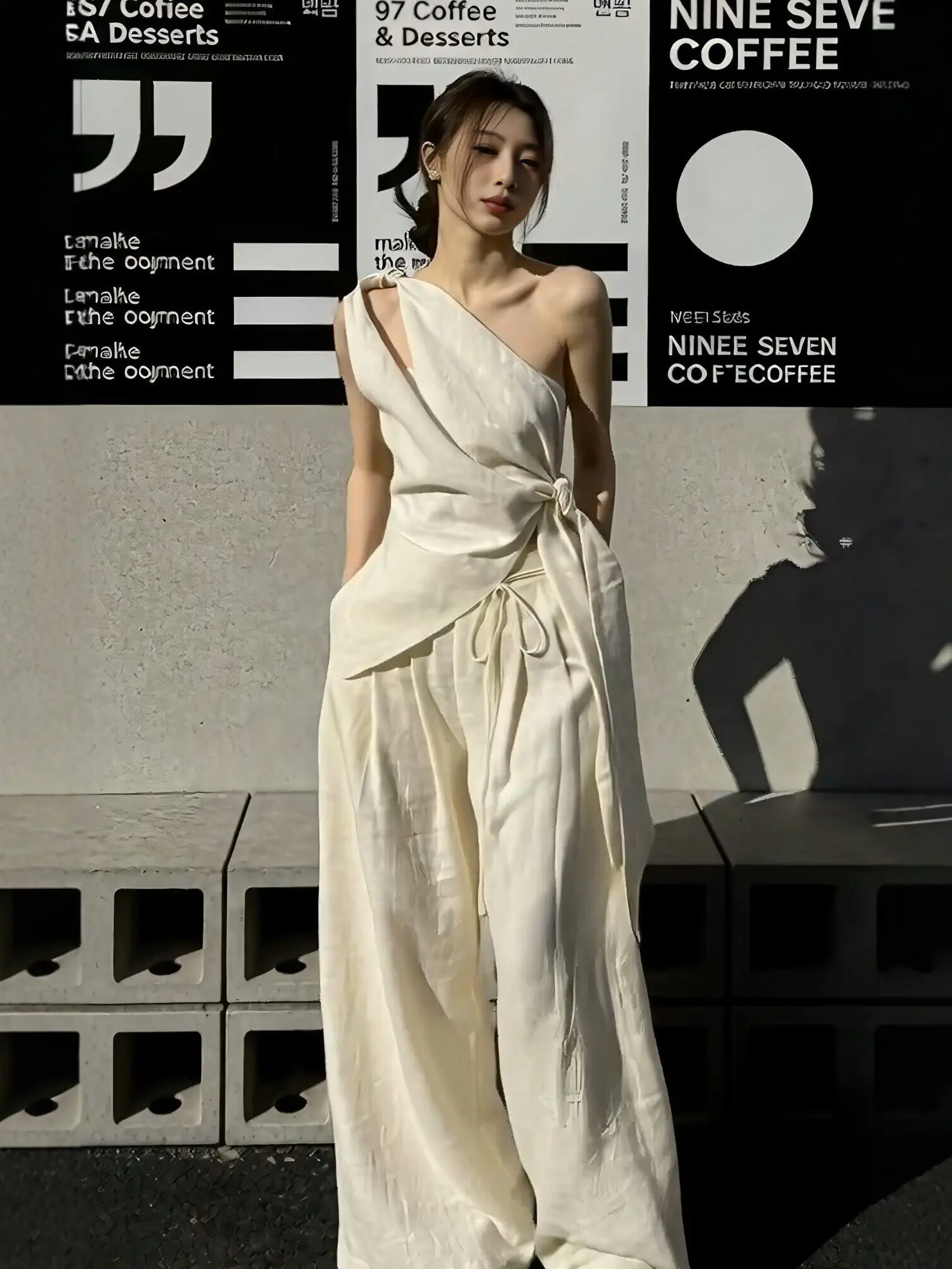 

Elegant Asymmetric Shoulder Bow Waist Cinching Wide Leg Pants Set Women's Summer Fashion Two Piece Suit Breathable Casual Wear