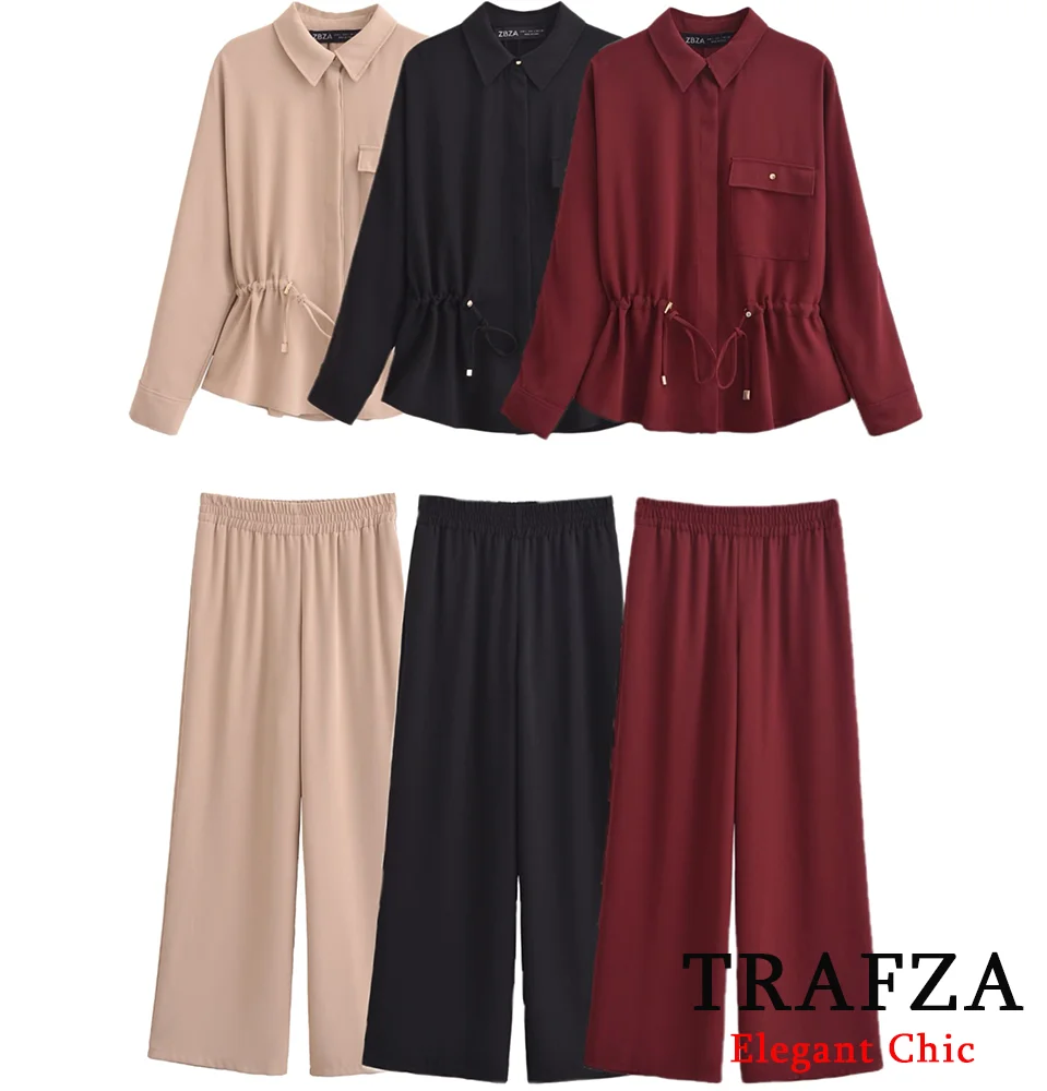 

TRAFZA Women Casual Loose Pants Set Lapel Drawstring Waist Shirt Wide Leg Pants New 2025 Spring Summer High Street Versatile Set