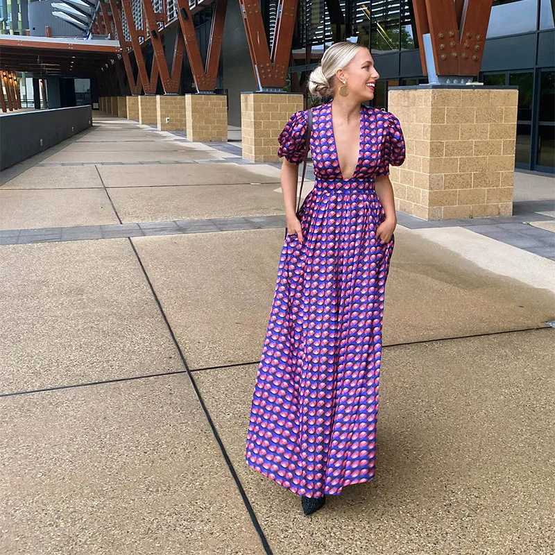 

Spring and summer new style elegant deep V-neck short sleeved printed dress cross-border French women's clothing
