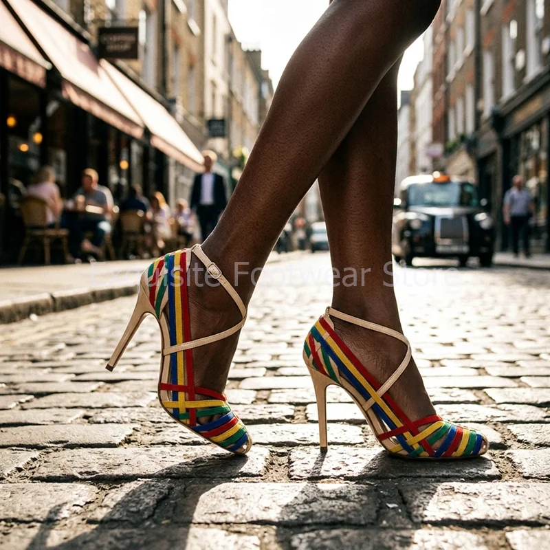 Sexy Clubwear Night Out Colorful Cross Strap High Heels Women Leather Sandals 10cm Stiletto Evening Date Shoes Extra Large Size