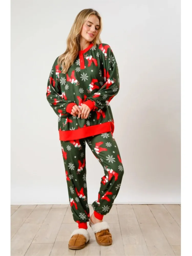 

Woman's Christmas Long Sleeves Two-piece Set Fashion Print O-neck Loose Tops Straight-leg Pants Suit Autumn Ladies Party Outfit