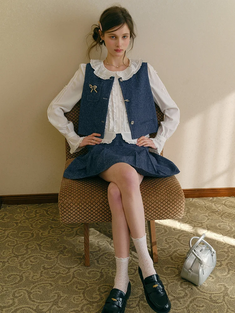 Spring 2026 Women's Denim Vest And Pleated  Skirt Set High-End Fashion Two-Piece Suit round Neck Button-Up Polyester Blend