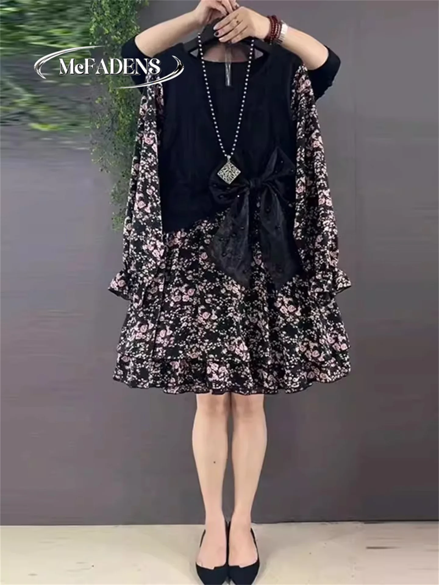 

Fashionable Large Size Women's Dress Korean Style Lace Splicing Knot Spring New Arrival Elegant A-Line Dress