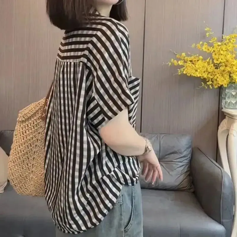 

Pockets Patchwork Plus Size Plaid Vintage Blouse Summer Short Sleeve Polo Neck Casual Shirt Tops Office Fashion Women Clothing