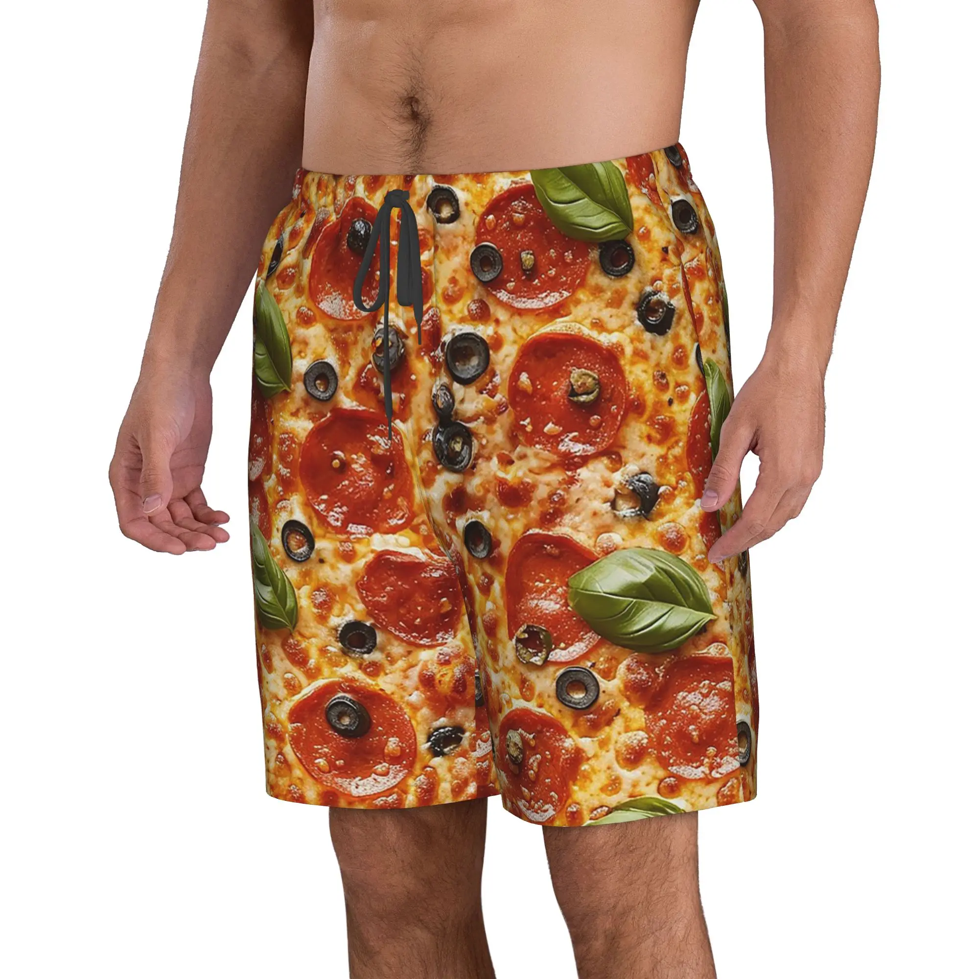 Pizza Covered in Round Meat Slices Trunks Beach Board Shorts Casual Quick Dry Swim Summer Men Pants