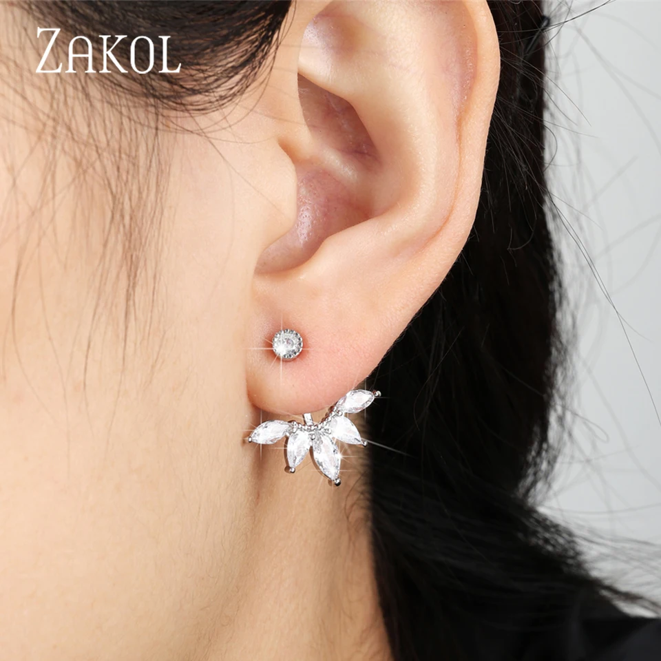 ZAKOL Fashion Zirconia Women Jewelry Exquisite White Color CZ Zircon Leaf Earrings Jackets For Party Wholesale Price FSEP489