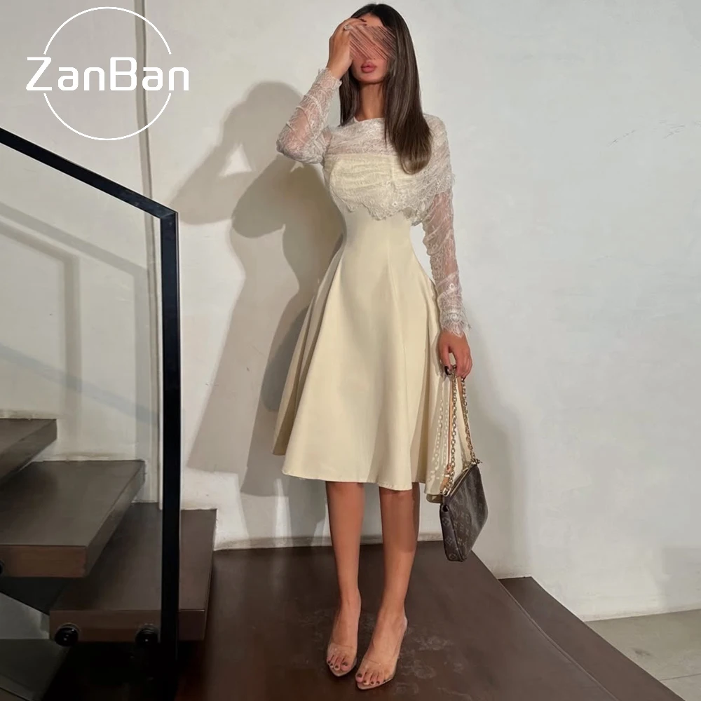 ZanBan Customized  Beige Lace Long Sleeves A-line Full Sleeve 2026 Midi Dresses Bespoke Occasion High Quality Elegant Party Gown