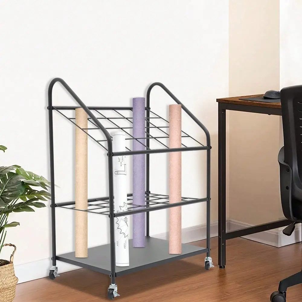 

20Slot Mobile Blueprint Storage Rack With Wheels And Brakes Iron Roll File Holder 44in Compartments Black