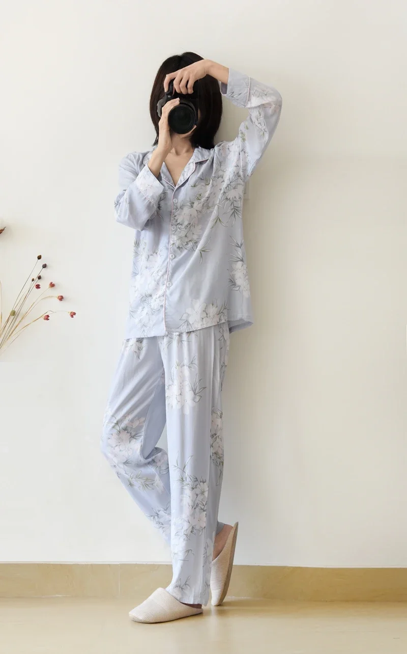 Japanese style new spring and summer women\'s pajamas Viscose fiber silk long-sleeved trousers suit flower printing home service