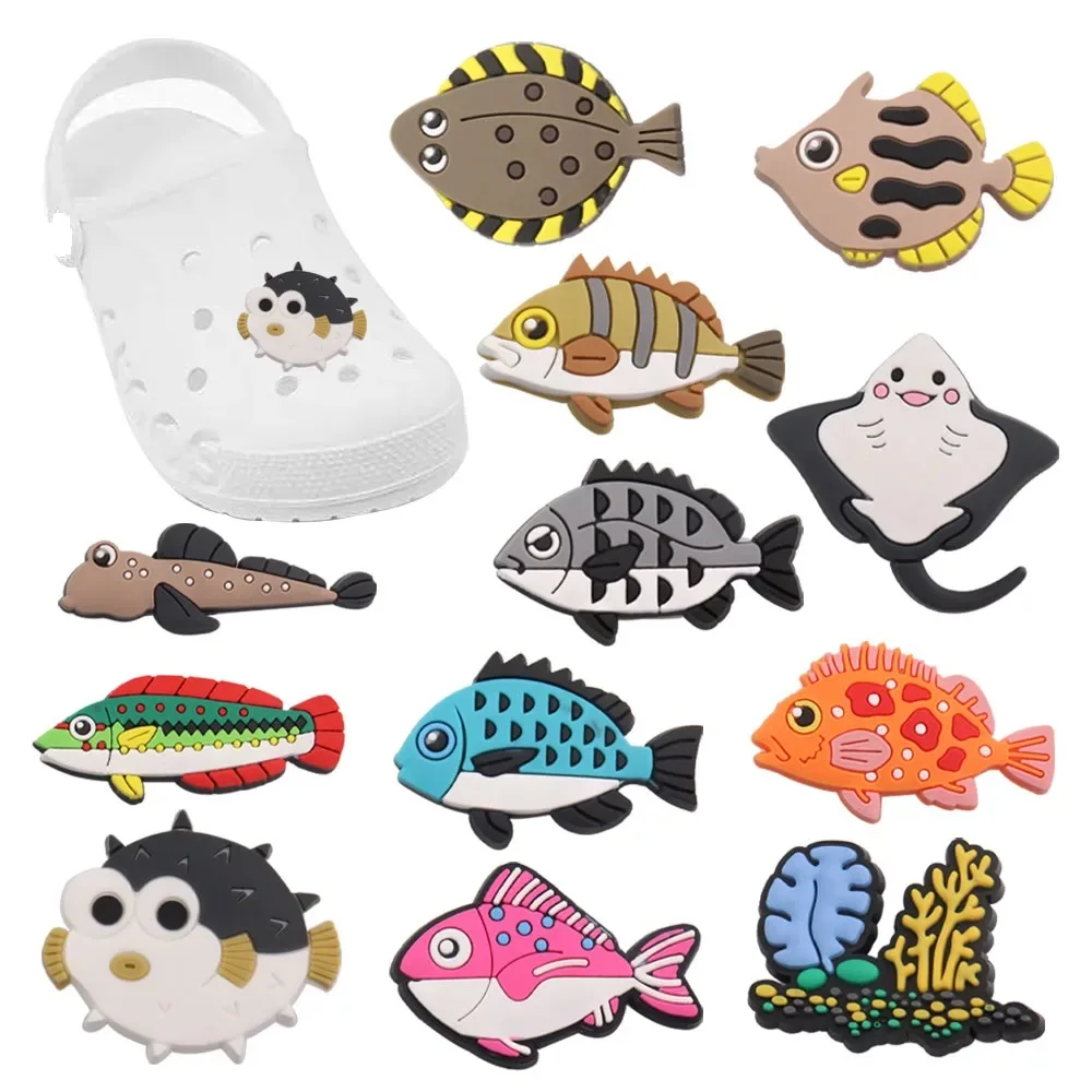 1-12PCS PVC Shoe Charms Sea Animal Seaweed Deep-sea Fish Buckle Clog Fit Wristbands Sandals Decoration Accessories Kid Gift