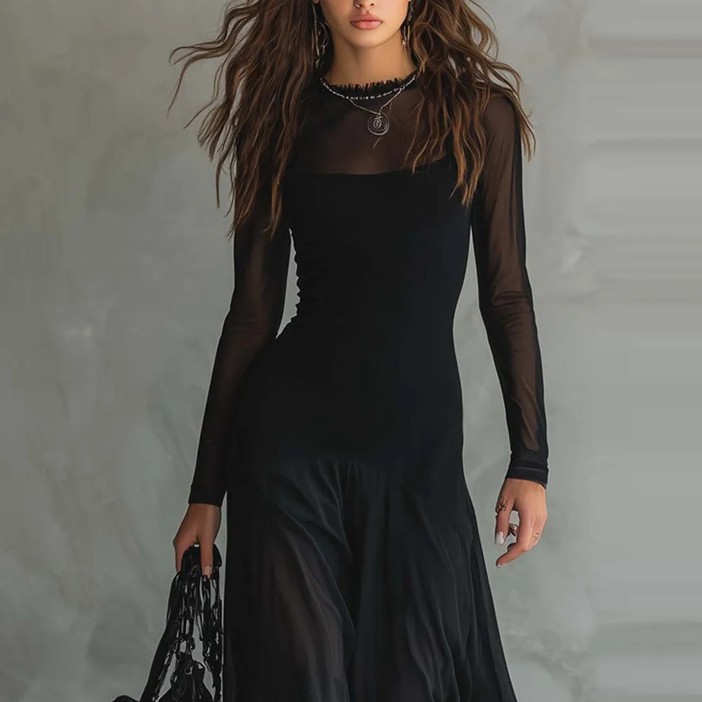 

Сексуальное женское длинное платье на весну-лето, однотонное, элегантное, модное, прозрачное, с круглым вырезом, с длинными рукавами, с высокой талией, А-силуэт