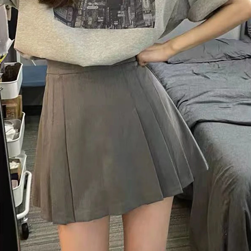 Korean Suit Pleated Mini Skirts Women College Style Girls High Waist A Line Short Skirts Woman Streetwear Zipper Student Skirt