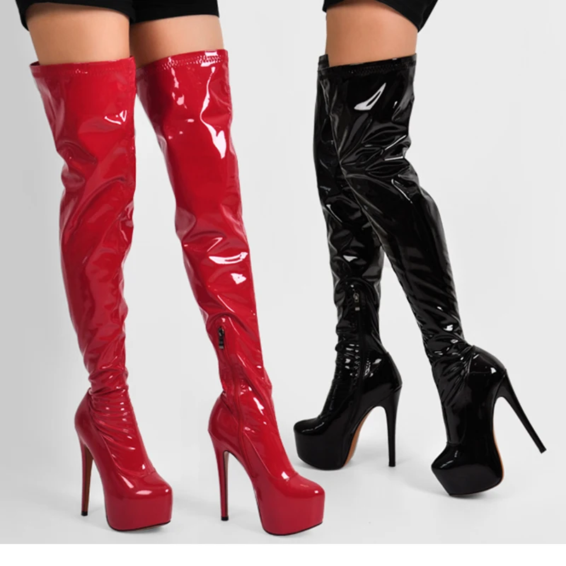 Onlymaker Women Black Over The Knee Boots Patent Leather Thin High Heel Zipper Female Winter Sexy Lady Boots