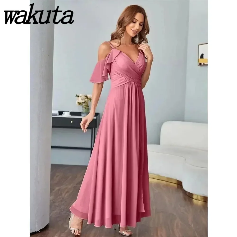 

Wakuta Cold Shoulder Chiffon Bridesmaid Dress A Line Ruffle Sleeves Formal Evening Ball Party Gowns robe de soirée de mariage