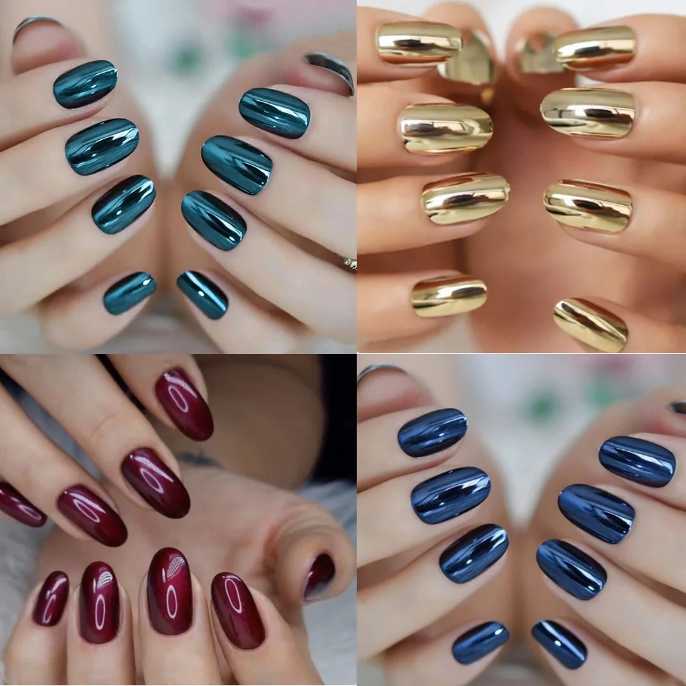 24pcs/set Oval fake nails metal mirror effect middle size gold silver red blue colors faux ongles press on acrylic false nail