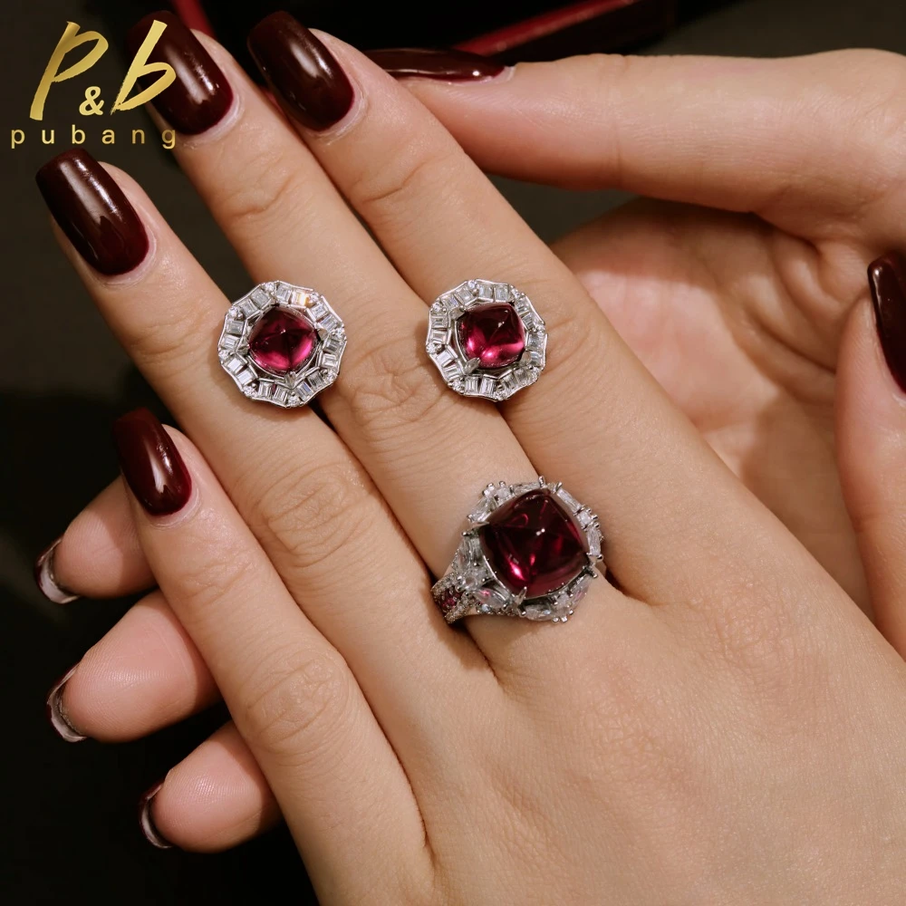 

PuBang Vintage Jewelry Set Real 925 Sterling Silver Ruby Created Moissanite Engagement Anniversary Rings/Earrings for Women Gift