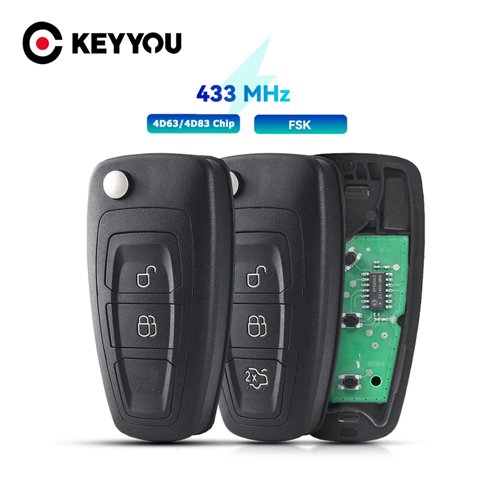 

Ключ дистанционного управления KEYYOU, подходит для Ford C-Max Focus Galaxy Ranger Mondeo S-Max 4D63 4D83 чип 433 МГц 2/3 кнопочный флип-ключ для автомобиля