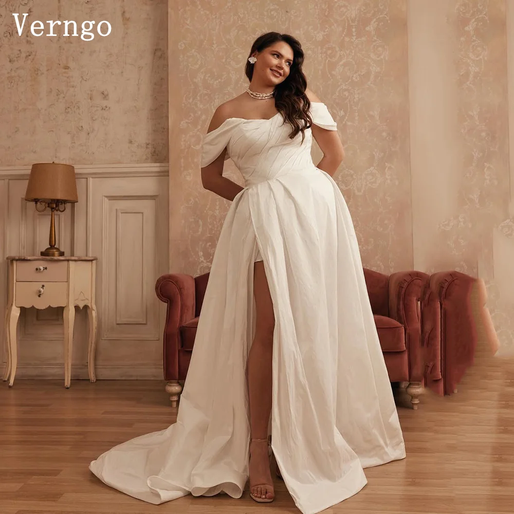 

Verngo lvory Satin Wedding Dress Off The Shoulder A Line Bride Dress Sexy Slide Slit Pius Size Bridal Gown Customized