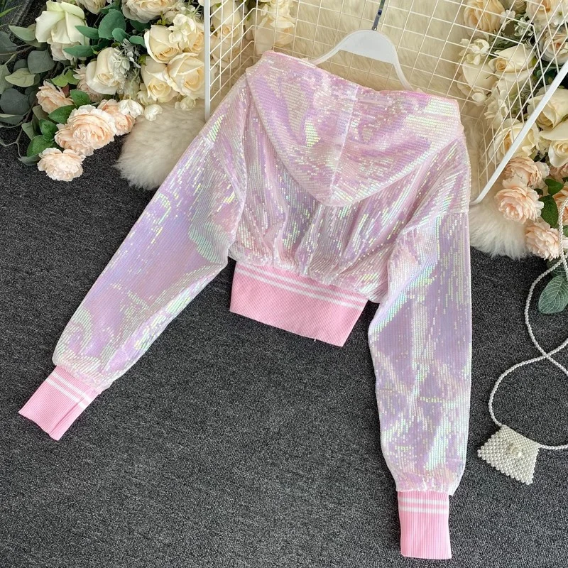 2024 Spring Women Fashion Sequins Slim Short Cardigan Jacket Summer Hooded Long Sleeve Female Cropped Outwear Silver Pink Black