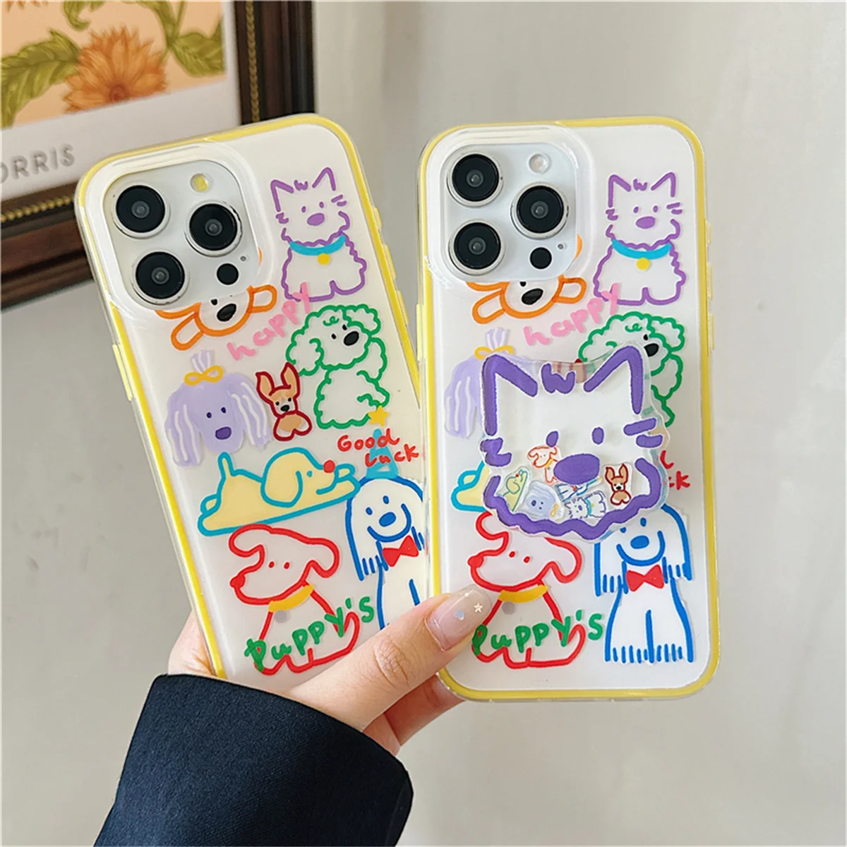 

Korean Color Line Cute Puppy Magnetic Phone Case For iPhone 16 Pro 14 15 Pro Max 14Pro Cover with Holder Cases Funda