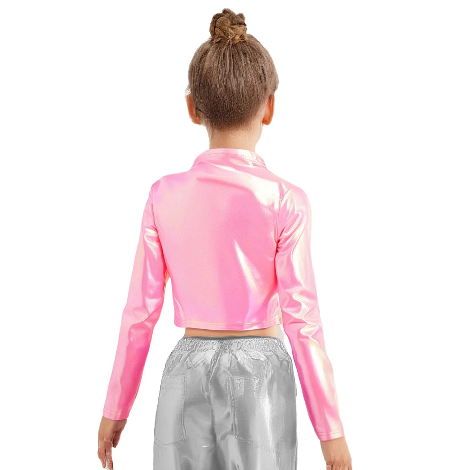 Kinderen Meisjes Hiphop Jazzdans Tops Cheerleading Prestatiekostuum Ronde Hals Lange Mouw Letter Gedrukt Metallic Crop Top
