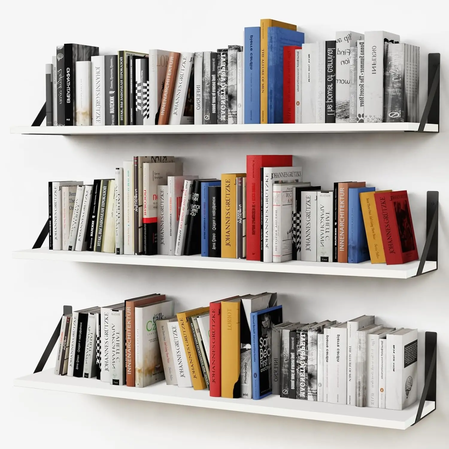 

White Floating Book Shelves for Wall, 36 Inches Long Wall Shelves with Metal Brackets for Bedroom, Large Floating Books