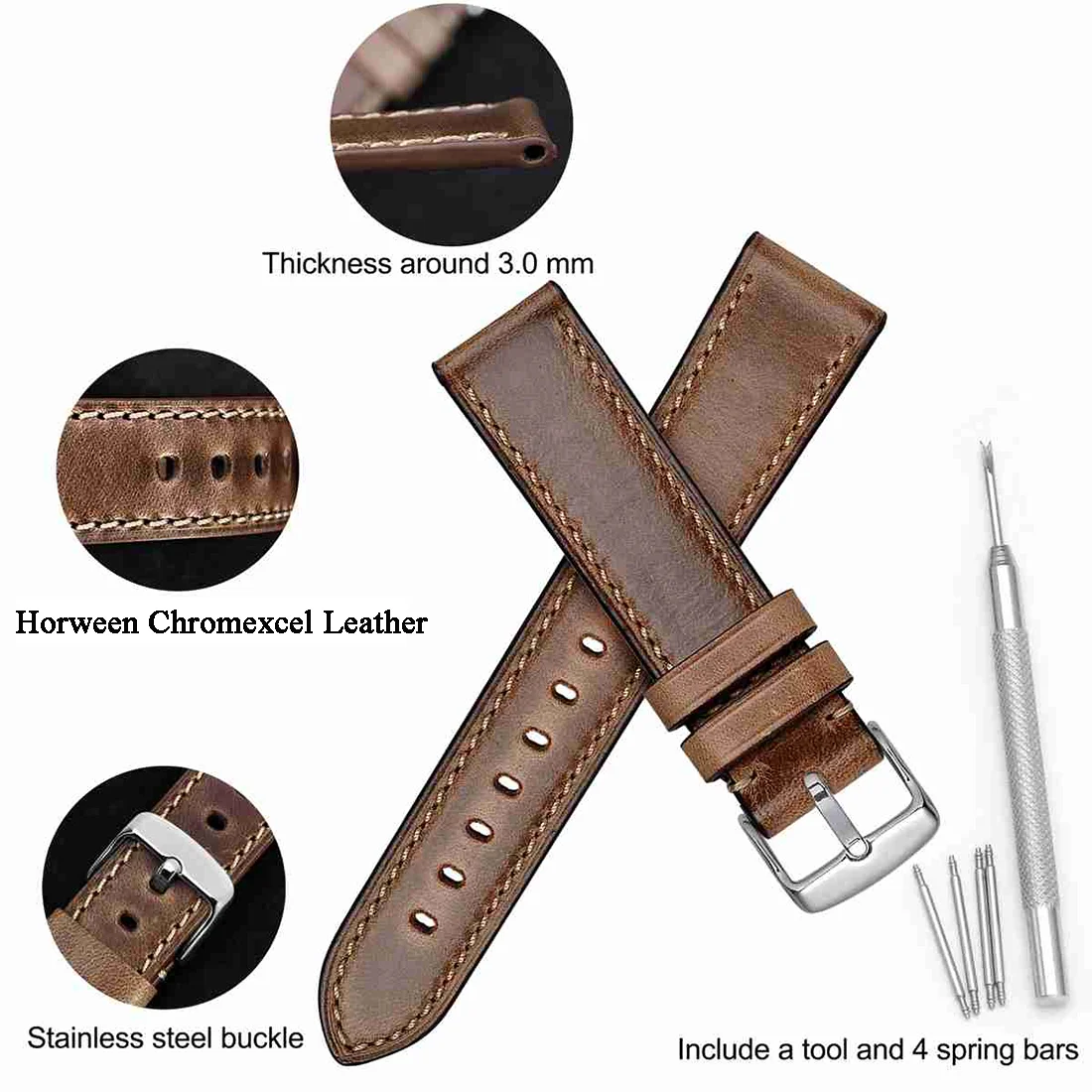 WOCCI Horween Chromexcel Leather Watch Band for Men Women 18mm 19mm 20mm 21mm 22mm 23mm 24mm Replacement Wrist Belt Bracelet