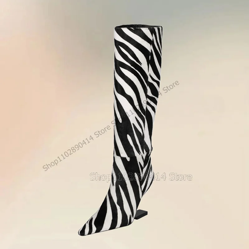 Zebra Print Strange Style Heels Pointed Toe Boots Side Zipper Women Shoes Novel Fashion Party Banquet 2023 Zapatos Para Mujere