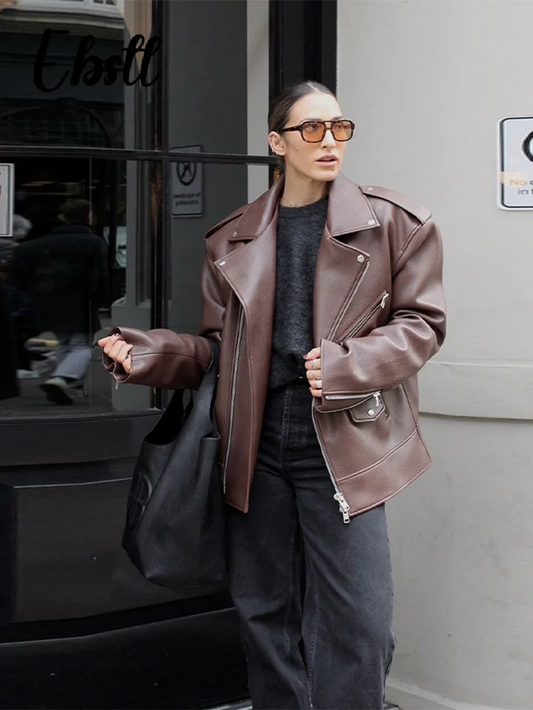 جاكيتات جلدية بسحّاب للنساء ، جيوب بأكمام طويلة بطية صدر ، جاكيت بأزرار ، ملابس خارجية نسائية عالية في الشارع ، جديد ، الخريف ،