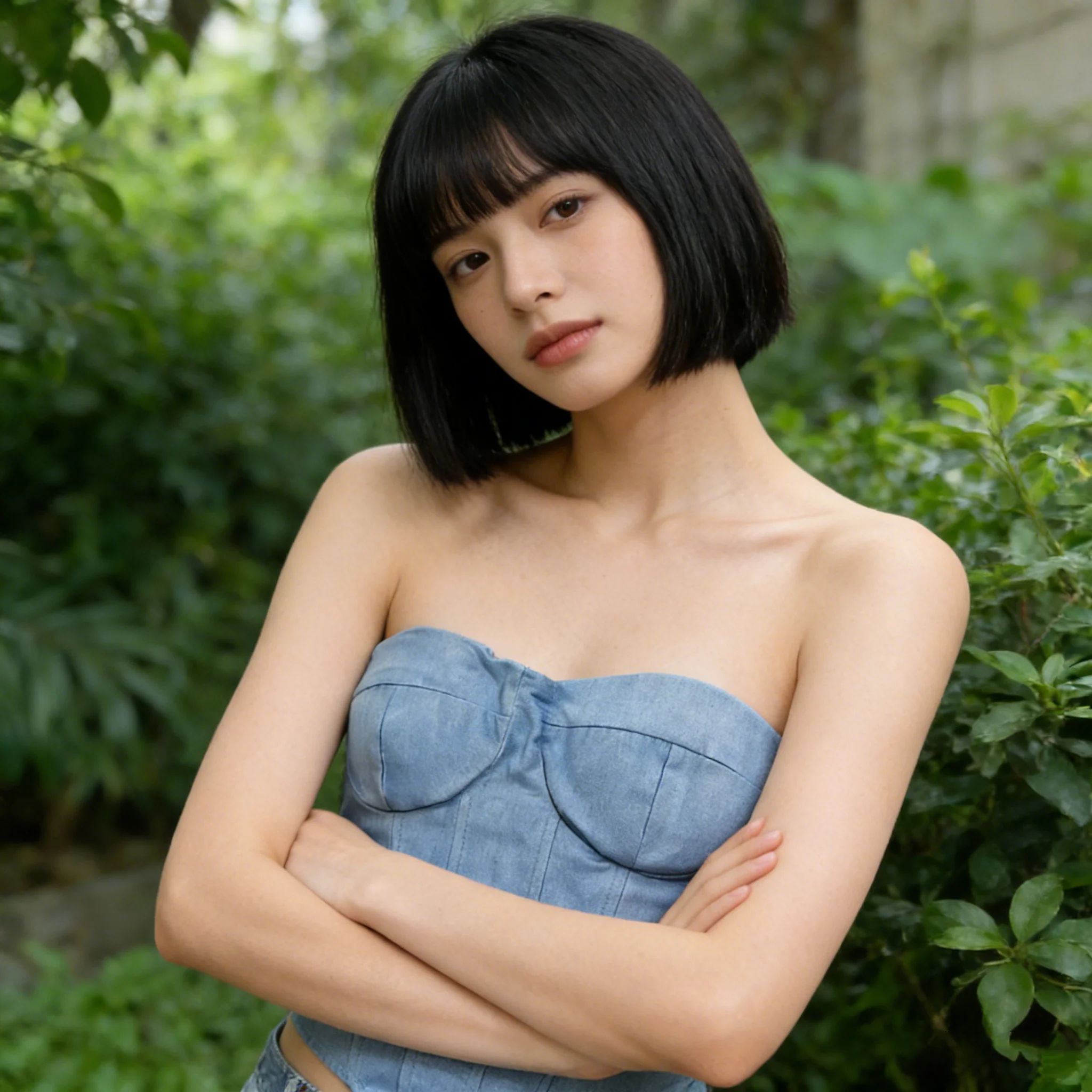 

Европейский и американский джинсовый жилет с имитацией 2025, обернутый грудью, открытая спина, завязанный на талии, однотонный женский топ с рыбьей косточкой