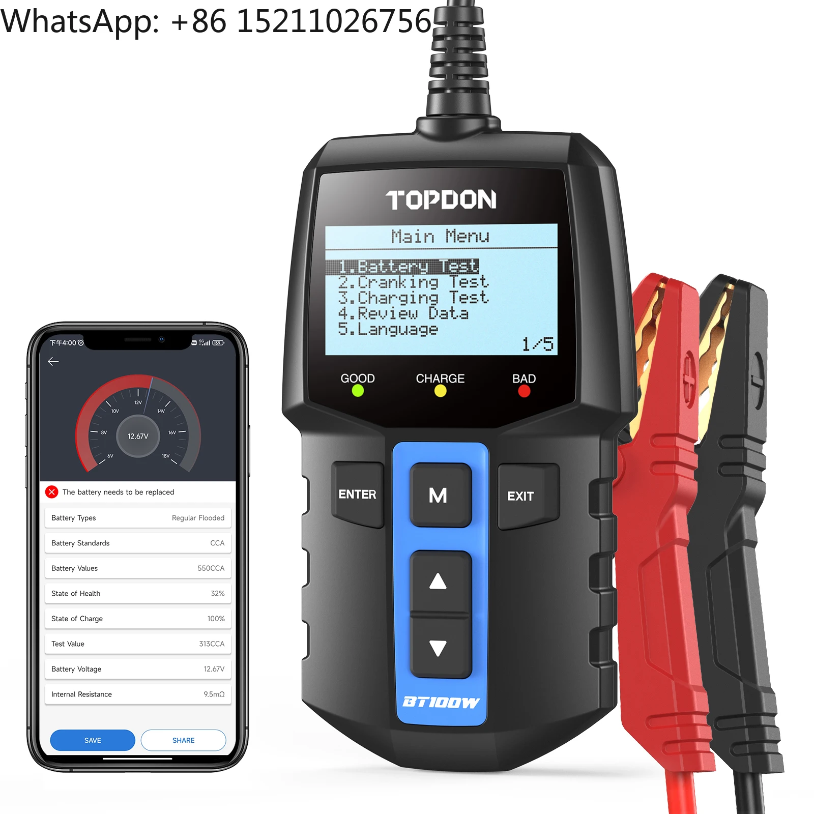 TOPDON BT100W Portable 100-2000CCA Flooded AGM Gel EFB VRLA 12V Automotive Motorcycle Car Digital Load Battery Tester Analyzer