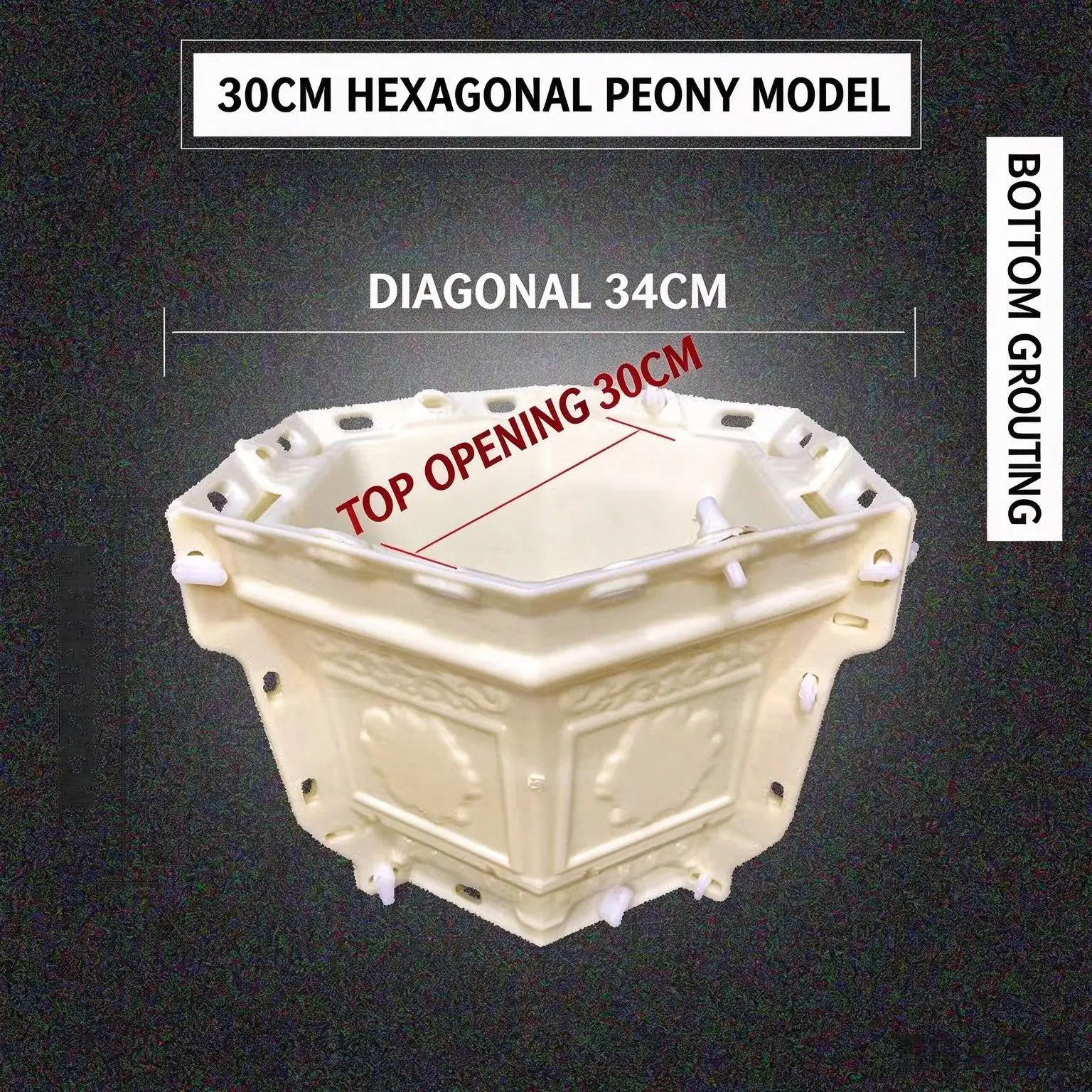 DIY Hexagonal Peony Concrete Flower Pot Mold 30cm PP Plastic Bottom Grouting Planter Mould for Garden