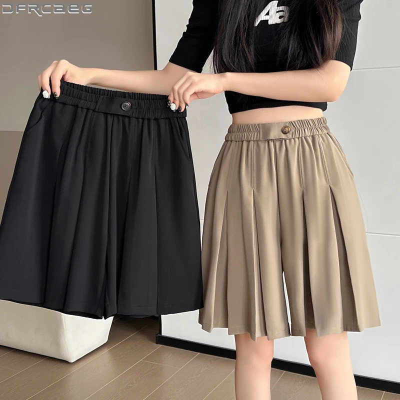 2023 Summer Pleated Skirt Shorts For Women Loose Stretch High Waist Wide Leg Short Pants Femme Folds Streetwear Bermudas Mujer