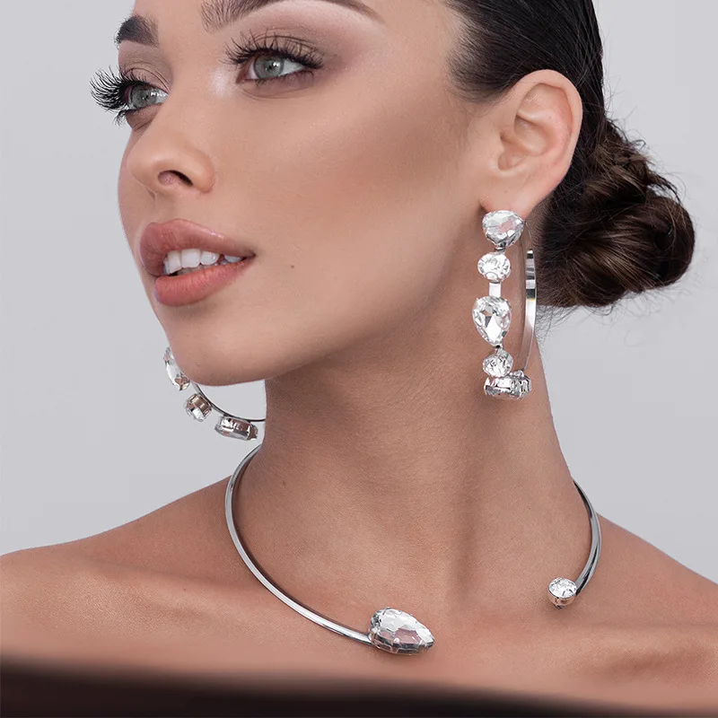 Stonefans Teardrop Necklace and Earrings Wedding for Women Girl Costume Femme Prom Statement Bridal Two Piece Jewelry Sets Gifts