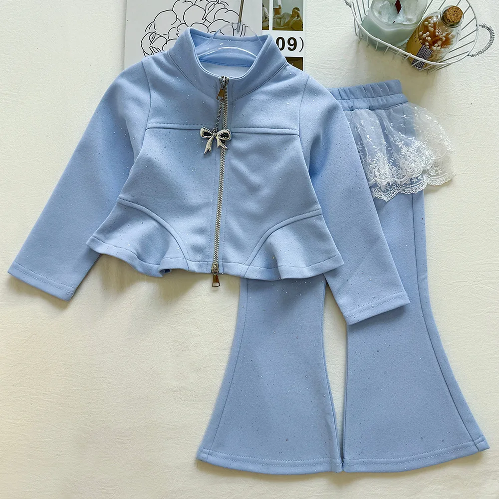 RAISE Autumn Children Girls 2PCS Clothes Set 1-10Y Girls Zipper Coats Lace Patched Flared Pant for Baby Girls Kids Girl Clothing