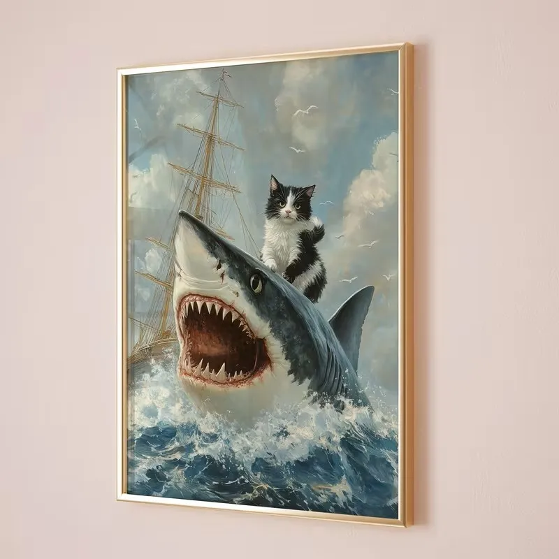 

Retro Art, Cat Riding Shark Canvas Poster Printing, Wall Art Painting, Bedroom and Living Room Wall Home Decoration