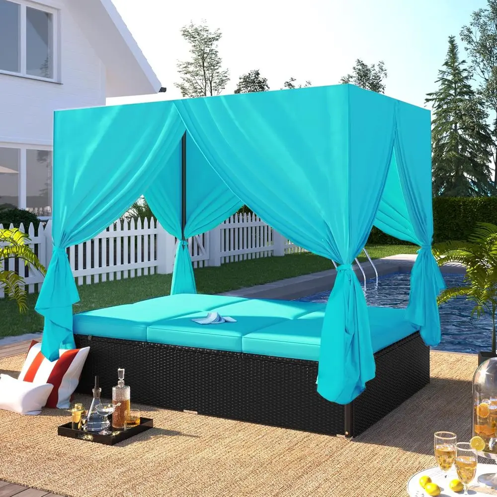 

Blue Outdoor Wicker Daybed with Retractable Sun Lounger and Curtains Patio Furniture Set