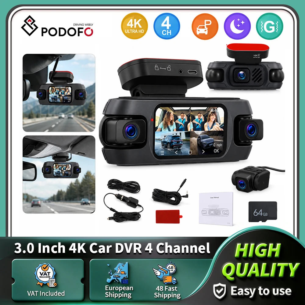 Podofo 3 Zoll Auto-Dashcam 1080P Auto-DVR 4 Kameras 4-Kanal 360-Grad HD Auto-Rekorder Auto-Blackbox Schleifenaufzeichnung Dashcam mit Nachtsicht Unterstützung für Links-, Rechts-, Rückfahrkamera &