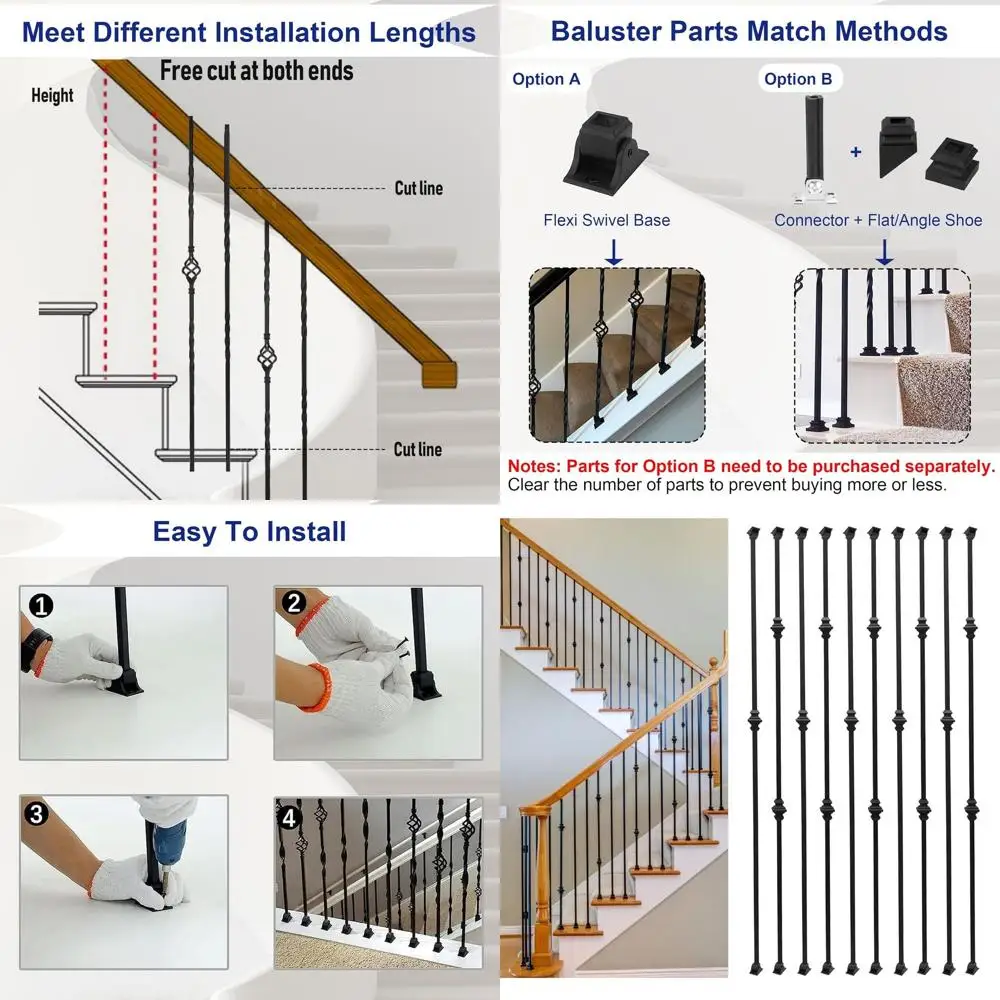 

10-Pack Half-Inch Hollow Iron Staircase Balusters with Knuckle Design and Swivel Shoes, Black Metal Railing Spindles