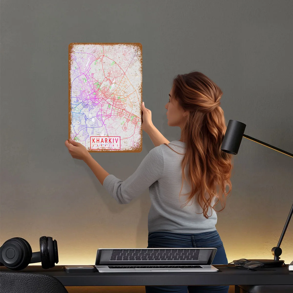 Kharkiv City Map Ukraine Colorful Metal Signs Map Poster Vintage Metal Plate Custom Tinplate Sign for Wall Art Decoration Retro