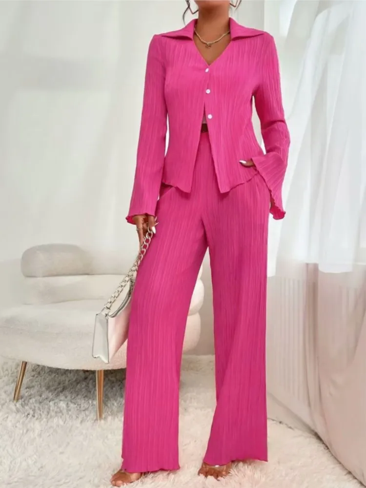 

2025 New Spring Autumn New Casual Pant Sets Women's Clothing Fashion Long Sleeve Shirt Wide Leg Pants Two Piece Sets Womens
