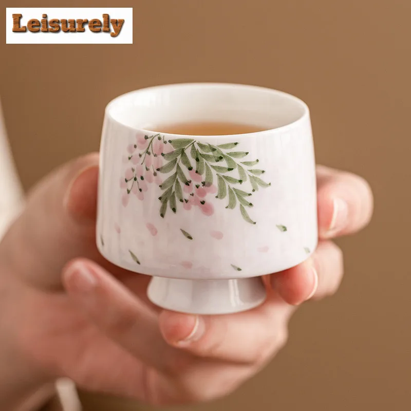 2pc/set Hand Drawn Wisteria Flower Teacup Personal High Foot Cup Teacup Female Master Beauty Mug Tasting Cup Kung Fu Teaset 50ml